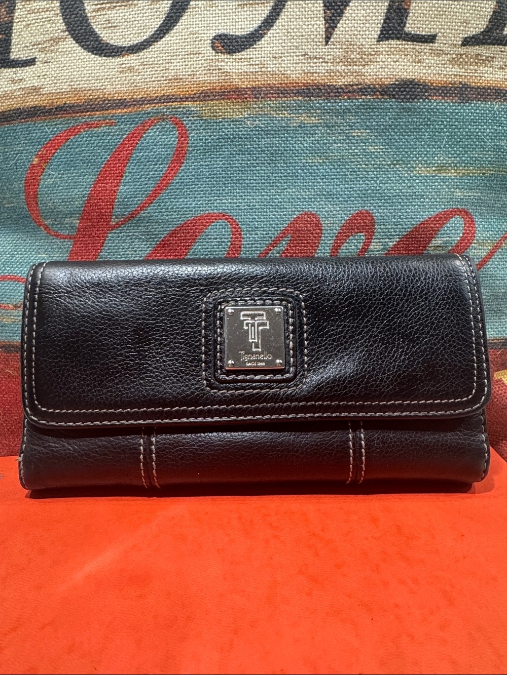 Tignanello Black Leather Trifold Wallet with White Stitching Genuine Leather